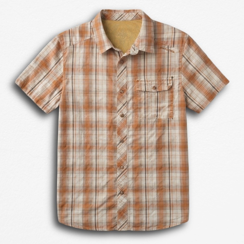 Prana Mens Short Sleeve Plaid Button Down Shirt Orange Tan Medium Hiking Casual